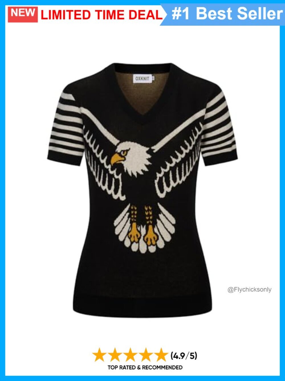 Vintage 1960s Eagle Pattern Knit T-Shirt Cotton V-Neck Short Sleeve Retro